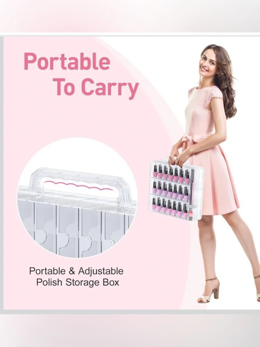 Nail Polish Double-Sided Plastic Organizer Carrying Case w/ Adjustable Dividers